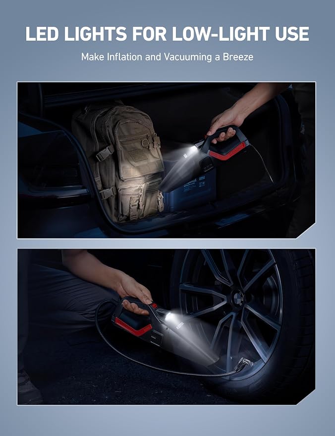 4-in-1 V3 12V DC High Power Handheld Car Vacuum Cleaner for Car,Home,Pet Hair Cleaning, 150 PSI 16.4FT Cord Digital Pressure Gauge & LED Light Portable Tire Inflator for Cars,Bikes,SUVs,Balls