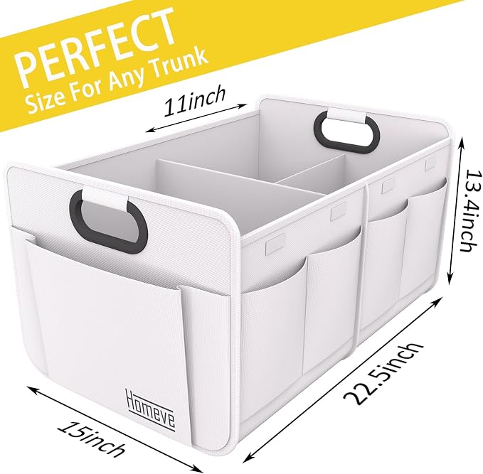 Car Trunk Organizer for SUV, 18.5Gal Large Capacity No-Sag Heavy Duty, Foldable Waterproof Anti-Slip Storage with 12 Pockets, Fit Sedan, Truck, Universal Car Accessories, White, 2 Compart,Large