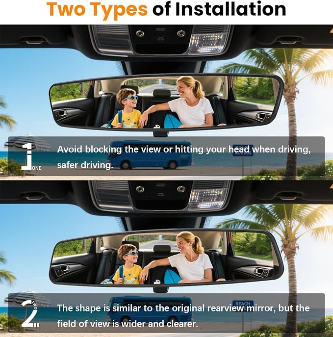 Rear View Mirror, 14 Inch Chrome Anti-glare Panoramic Rear Mirrors Universal Convex Car Interior Clip on Extra Big Wide Angle Rearview Mirror Extender to Reduce Blind Spot for Car SUV Trucks