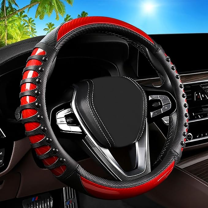 Car Leather Steering Wheel Cover - Carbon Fibre Material, Universal 14.5-15 Inch Leather Anti-Slip Breathable Auto Steering Wheel Covers for Men Women (3D Massage - Sports Red)