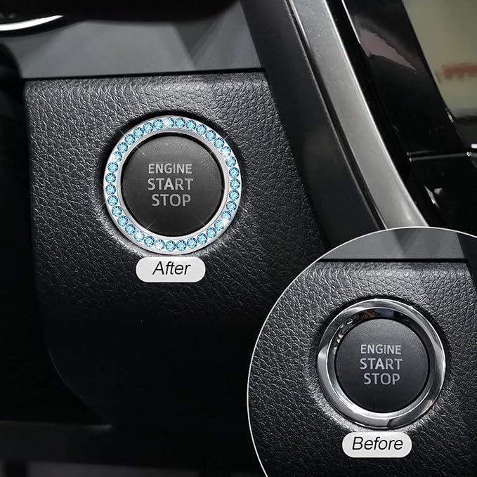 Bling Car Engine Start Ring Decals, 2PCS Crystal Rhinestone Vehicle Push Start Button Cover Sticker, Key Ignition Knob Ring, Sparkling Automotive Interior Accessories (Light Blue)