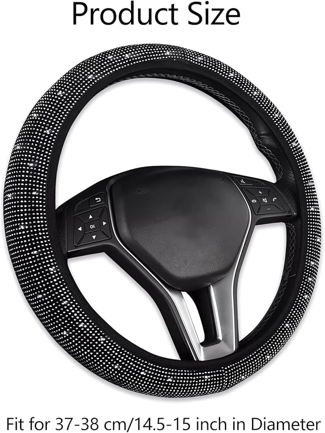 Bling Diamond Steering Wheel Cover with 2.75 inch Car Cup Holder Coasters, Sparkly Car Auto SUVs Interior Accessories for Women Girls, Universal Fit 14" 1/2-15" - Black