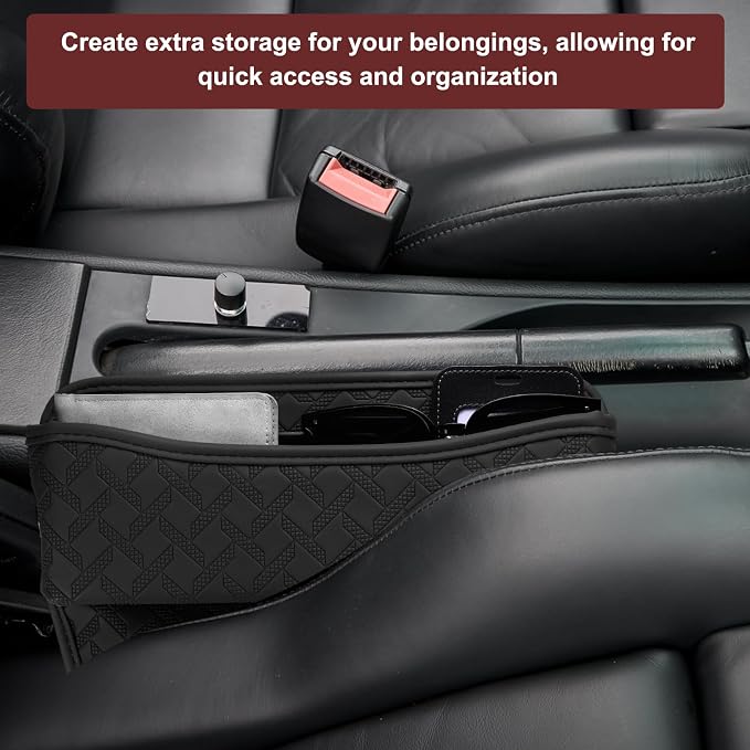 2pcs Car Seat Gap Filler Organizer 11.5 x 8 x 2.1 Inch Leather Universal Car Organizer Storage Box Between Seat and Console for Phone Sunglasses Keys, Black