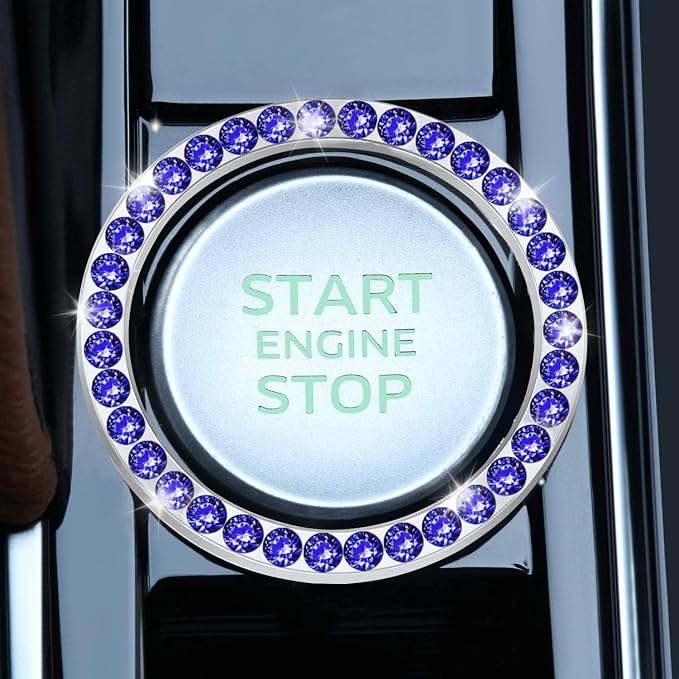 2 PCS Crystal Rhinestone Car Engine Start Stop Decoration Ring, Bling Car Interior Accessories for Women, Push to Start Button Cover Sticker, Automotive Decals, Dark Blue