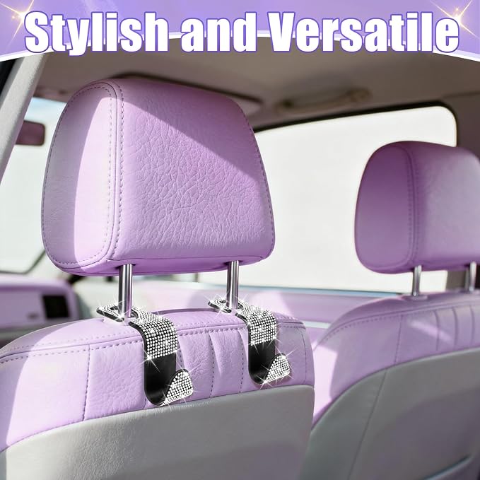 6 Pack Bling Car Seat Headrest Hooks, Bling Car Accessories for Women, Rhinestone Purse Hook for Car, Universal Storage Organizer for Handbag Grocery Bags Coats (Bling White)