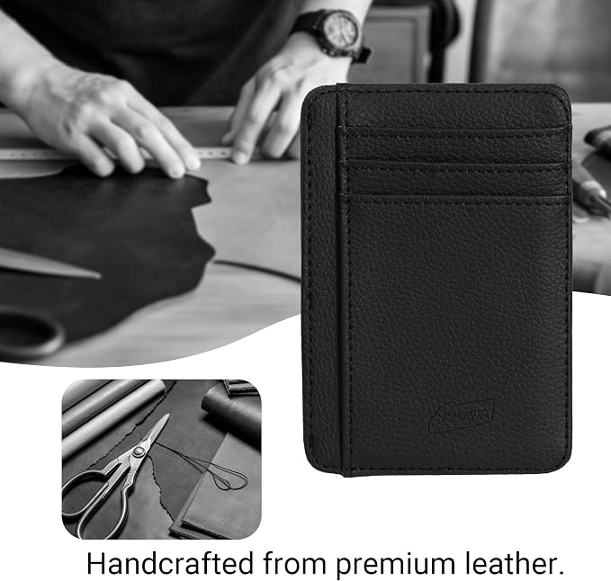 Magnetic Card Holder for Vehicle - Minimalist Leather RFID Blocking Credit Card Holder - Travel Wallets for Car Visor Organizer (Black)