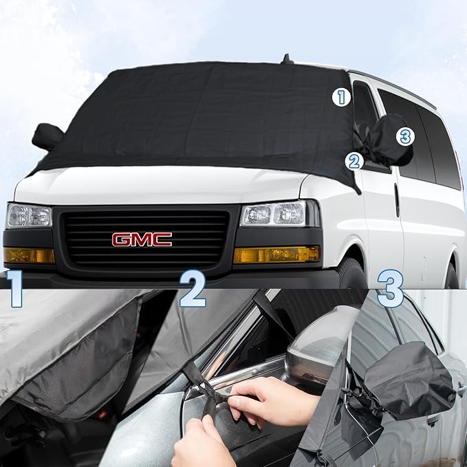 Windshield Cover for Ice and Snow for 1996-2024 2025 2026 GMC Savana Van/Chevy Express Accessories Enhanced Waterproof Passenger & Cargo All Weather Windshield Frost Cover for Savana Van for Winter