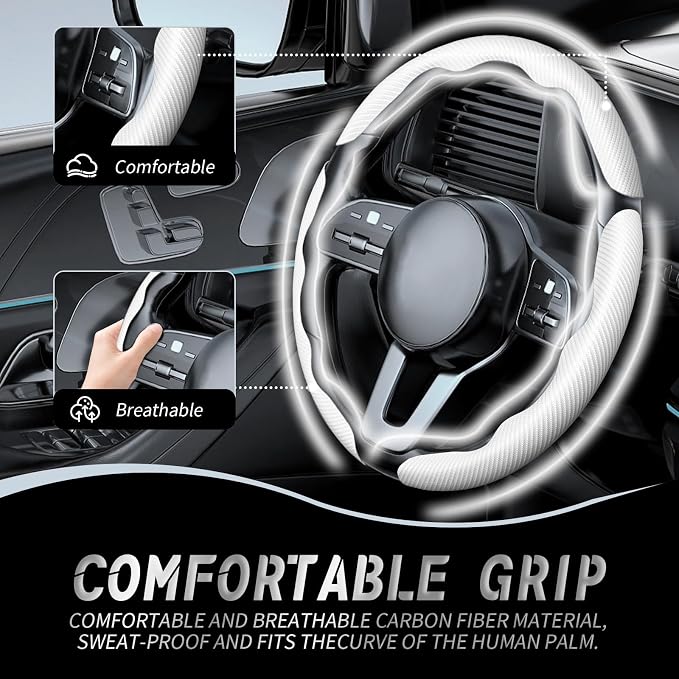 3pcs Car Steering Wheel Cover,Anti-Skid Carbon Fiber Steering Wheel Protector for Men Women,Multiple Color Options,Universal for Most Car Interiors Accessories (White 3PCS)