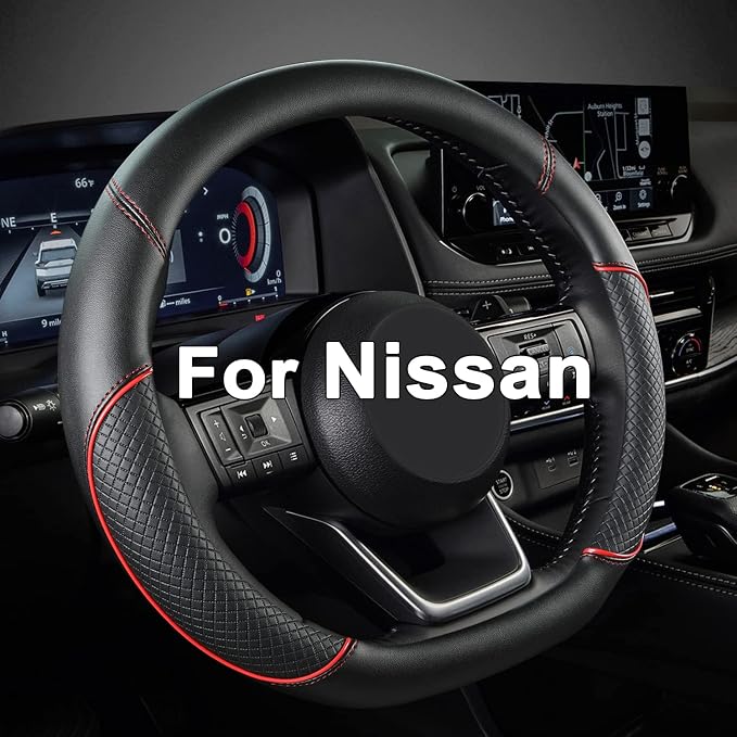 D Shape Steering Wheel Cover for Nissan Rogue Kicks - Auto Car Steering Wheel Cover Customized for Nissan Altima Sentra(Black+Red Line-D-Shaped)