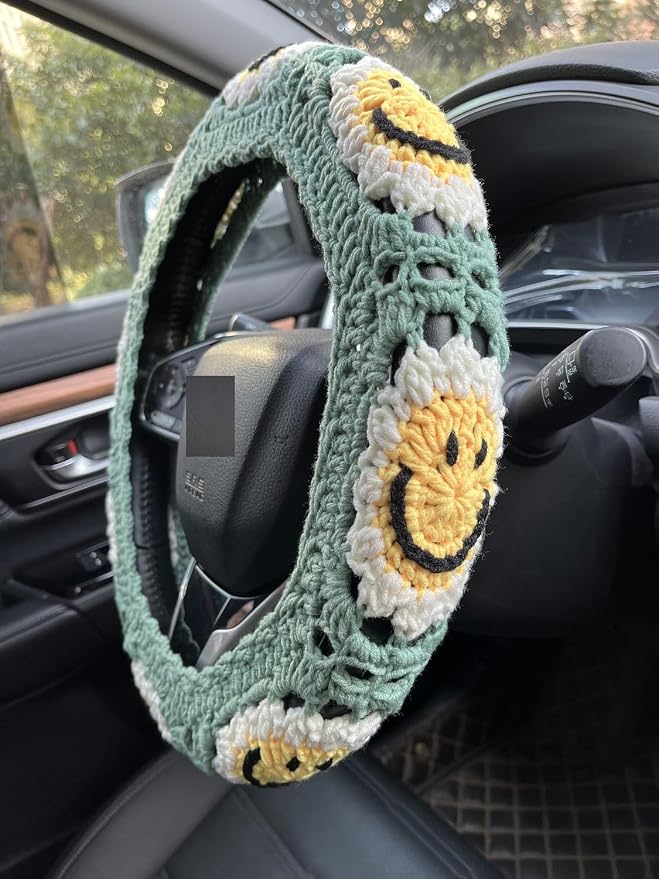 Handmade Crochet Sun Smiling face Car Steering Wheel Covers Universal 14-15 inch,Cute Steering Wheel Cover,Car Accessories (Sun Wheel Cover+2 Belt Cover)