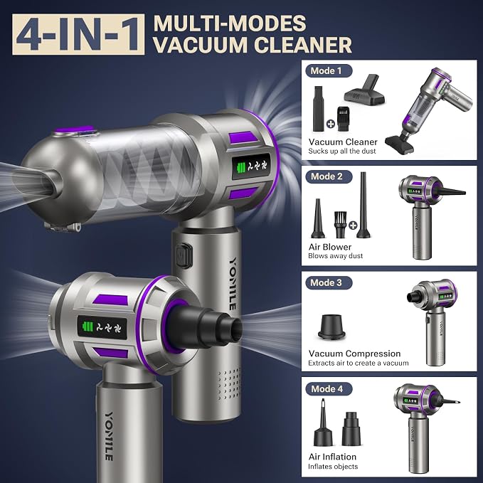 Mini Vacuum Cleaner, 2 in 1 27000PA Brushless Car Vacuum Air Duster 9000mAh Battery Air Blower Wireless Handheld Vacuum for Car,Office and Home (Dark Purple)