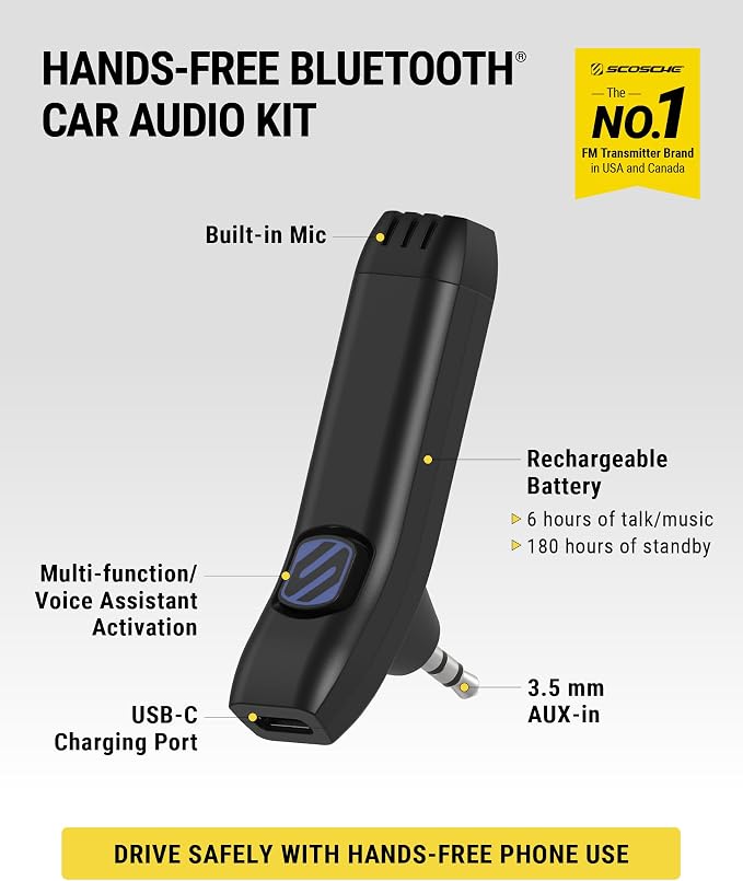 BTAXS3 Hands-Free Audio Kit, Bluetooth Receiver for Car Stereo with Noise Cancellation, 3.5mm AUX Bluetooth Adapter for Car Radio, Compatible with Siri/Google Assistant Voice Command