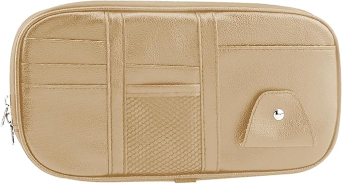 Car Sun Visor Organizer, Sunglass Holder and Storage Pocket, Card Cash Pouch with Multi-Pocket Net Zipper, Case Bag for License Pen Key, Auto Accessories for Truck, SUV, Van (Beige)