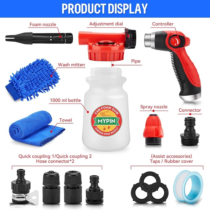 Car Wash Foam Gun/Hose Sprayer, 16 IN 1 Foam Cannon for Car/Garden Cleaning | Adjustable with 2.5-6 Ratio Dial Foam Blaster, 1L Bottle, Nozzles, Mitten&Towel, 1/2” Quick Connector for Garden Hose,Sprayer