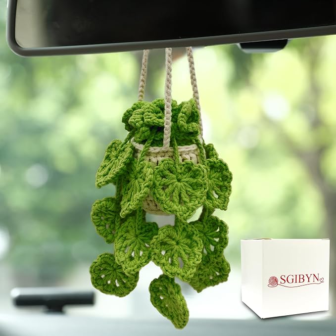 Crochet Hanging Plant for Car,Car Decorations Interior,Plant Aesthetic Car Accessories for Women Interior Cute,Car Ornaments Charms for Rear View Mirror,Boho Car Decoration Gifts