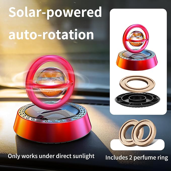 Kwak’s Solar-Powered Rotating Car Aromatherapy Auto-Spinning Ornament with Refillable Scent Pad, Subtle Ocean Fragrance, Ideal Gift for Men Women Dad Husband for Dashboard (Black-1)