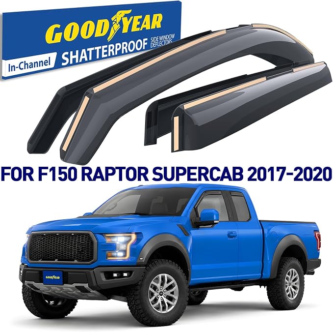 Goodyear Shatterproof in-Channel Window Deflectors for Ford F150 Raptor 2017-2020 SuperCab, Rain Guards, Window Visors for Cars, Vent Deflector, Car Accessories, 4 pcs - GY007734
