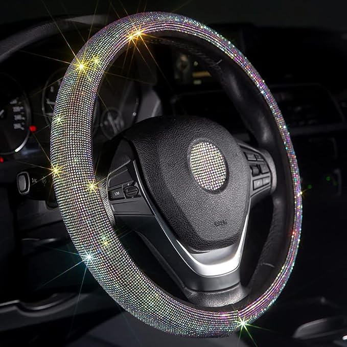 Car Bling Steering Wheel Cover for Women Girls 15 Inch Universal Colorful Crystal Rhinestone Diamond Rainbow Bling Accessories Anti Slip Wheel Protector Sparkling, Black