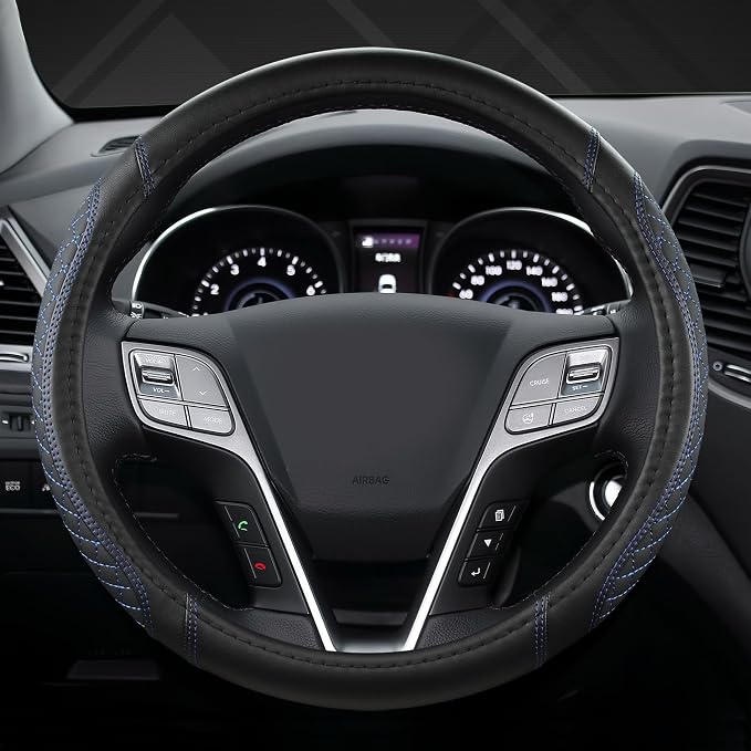 Customized Auto Car Steering Wheel Cover for Hyundai,Tucson,Sonata,Elantra,Santa Fe,Genesis,Sonata Hybrid,Azera,Venue,Kona, 14.5-15 inches(Diamond Quilted-Black+Blue-Standard Size)