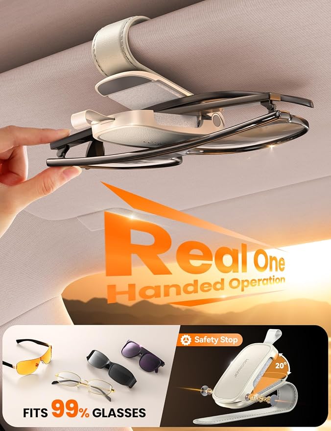 Sunglass Holder for Car Visor Sunglasses Holder Clip [Real One-Handed Operation] [Soft Foam Protection] [Non-Slip] Magnetic Leather Visor Organizer & Accessories Interior Gift for Women Men