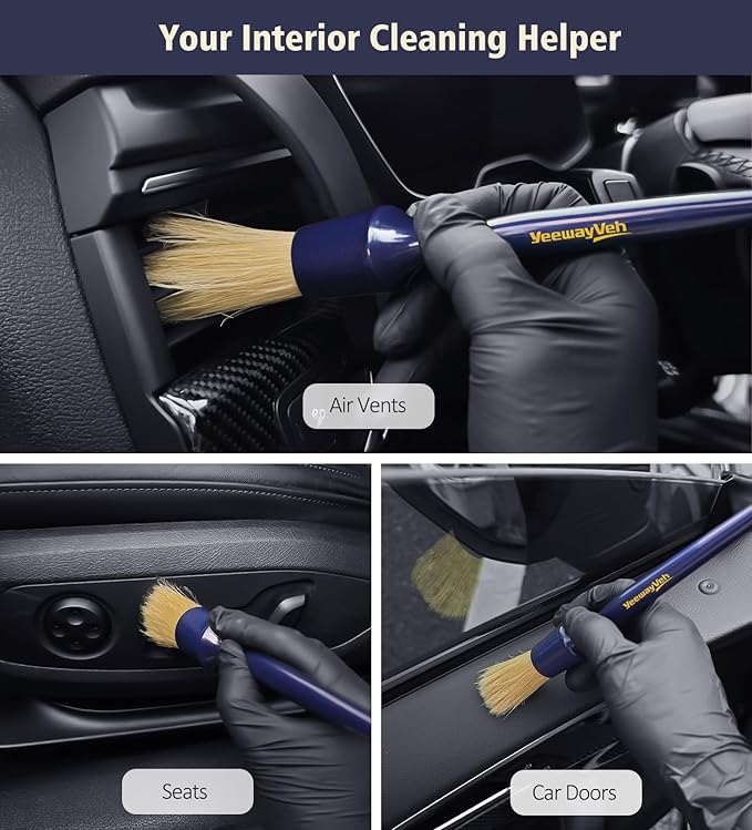 Car Detailing Brush Set, 3 Pack Ultra Soft Boars Hair Detailing Brushes for Leather Seat Air Vents Engine Bay, Auto Detail Brushes Car Detailing for Interior Exterior, Indigo