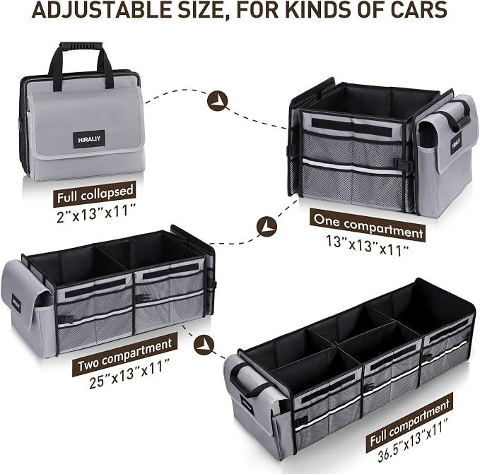 4 in 1 Car Trunk Storage Organizer with Leakproof Cooler Bag, Multi-Compartment Foldable Trunk Storage Box for Car Truck SUV Gray