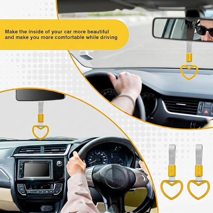 2PCS Heart Shaped Car Handle Straps, Rear Bumper Warning Keychain Ring for Car Exterior Accessories (Yellow-Silver)