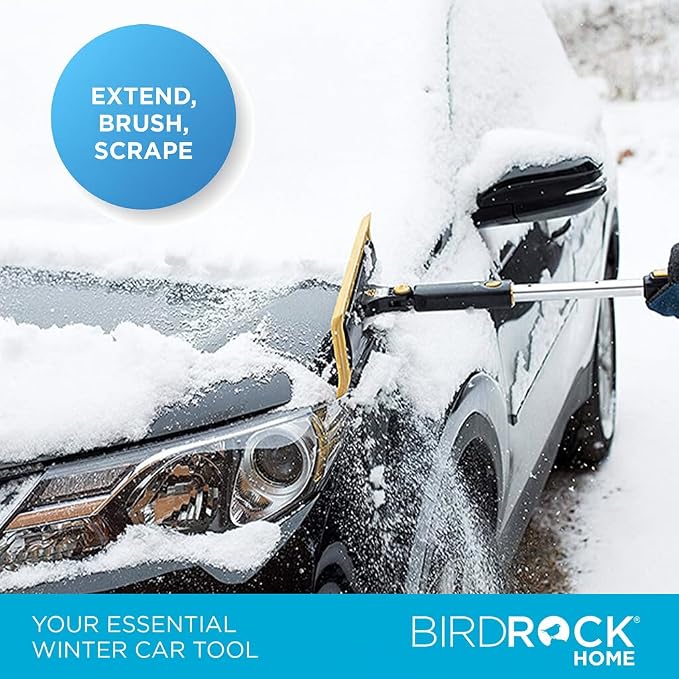 55" Extendable Snow Brush & Ice Scraper for Car Windshield - Long Aluminum Grip for Truck, SUV - 14" Foam Head - Safe on Auto & Windows - Wide Frost Remover - Yellow