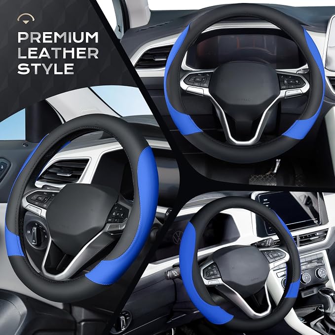 Coverado Car Steering Wheel Cover, Nappa Leather Black & Blue Steering Wheel Covers for Women, Universal 14-15 inch, Anti-Slip, Breathable Steering Wheel Protector
