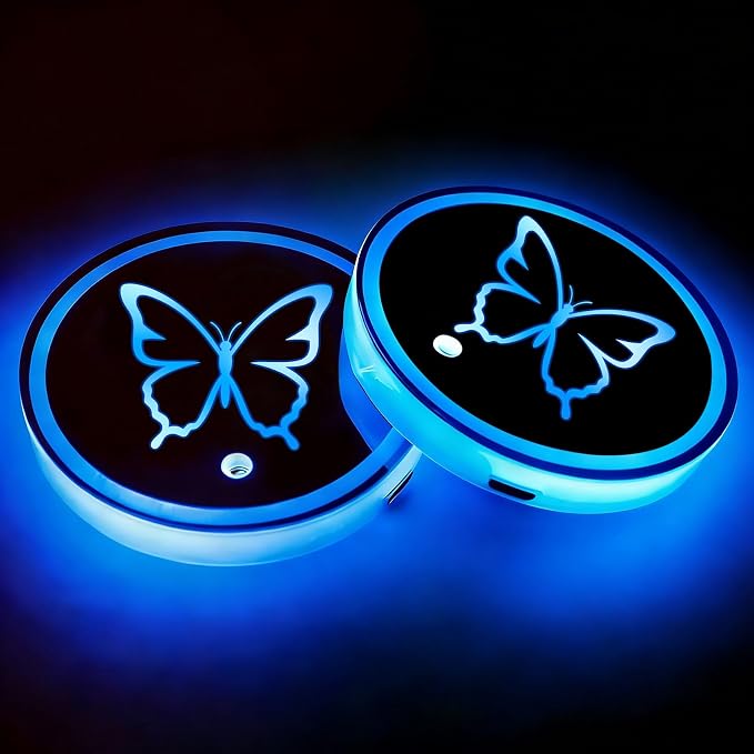2Pcs Butterfly LED Car Cup Holder Coasters 7 Colors 3 Modes Lights Up Cups | with USB of Car Accessories for SUV Trucks Sedans, Waterproof Interior Atmosphere Lamp, Butterfly Gifts for Women Men