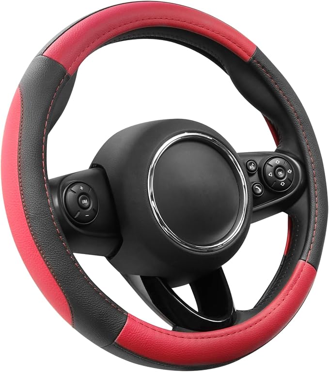 Car Steering Wheel Cover for Prius Civic Model 3 Model Y Camaro, Small Size 14-14.25 inch, Black and Red Microfiber Leather