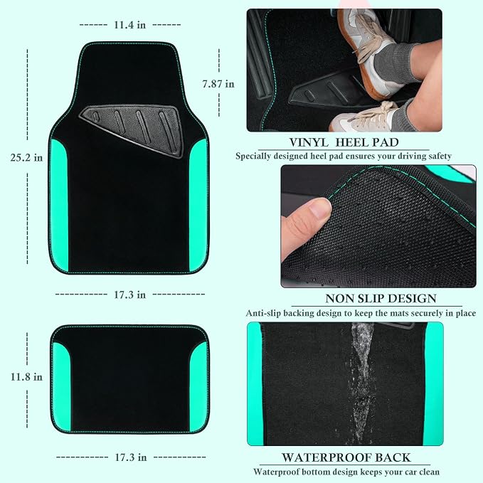 Faux Leather Steering Wheel Cover and Waterproof Car Floor Mats,Universal Car Combo Fit for 95% Sedan,SUV,Cars,14.5-15inch Sporty Anti-Slip Safety Comfortable Design(Black＆Mint)