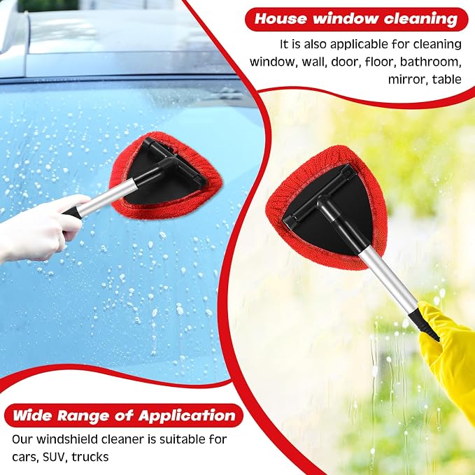 10 Pcs Windshield Cleaner Tool Car Window Cleaning Supplies with Extendable Handle Include 6 Washable Microfiber Bonnets 2 Empty 60ml Spray Bottle Glass Wiper Kit(Red)