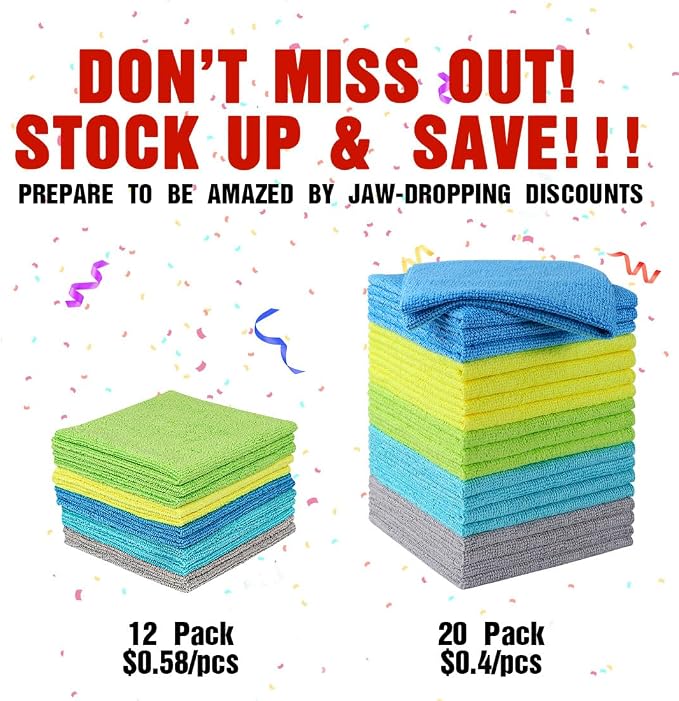 Microfiber Cleaning Cloths, 20 Pack Cleaning Rags - Lint Free & Scratch-Free Microfiber Towels for Cars, House & Kitchen, Absorbent Cleaning Towels, Multi-Color, 11.5 x 11.5 Inch