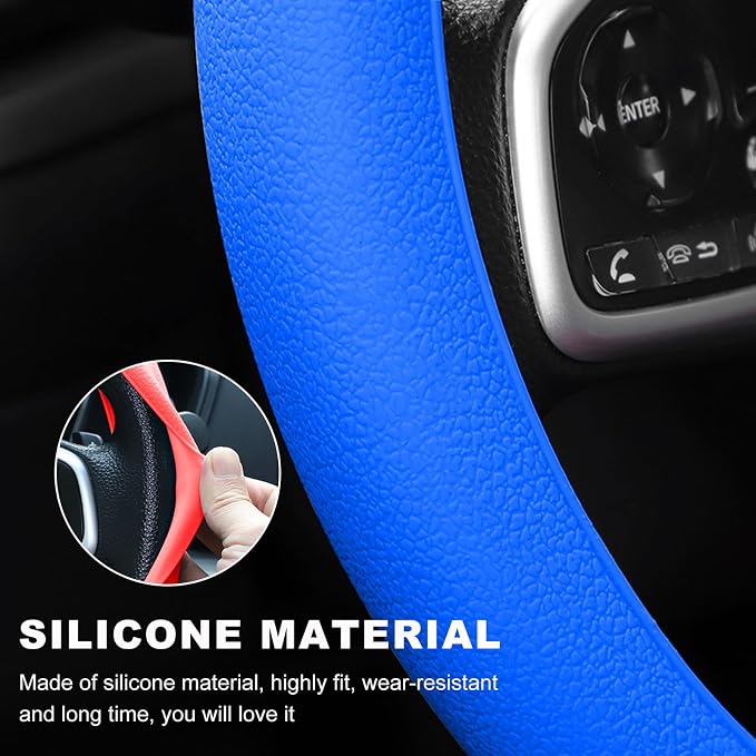 Car Steering Wheel Cover, 13 to 14.17 inches Anti-Slip Silicone Steering Wheel Protector, Soft Flexible Shock-Absorbent Steering Wheel Protective Cover for Most Car Models (Dark Blue)