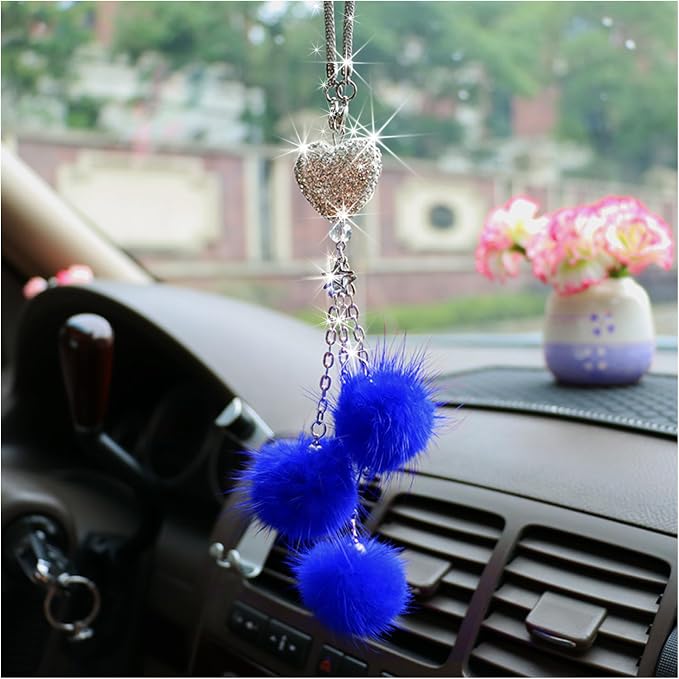 Bling Diamond Heart Car Interior Accessories, Car Mirror Hanging Ornament for Women, Love Heart & Pink Plush Ball Decor Ornament Pendant (Dark Blue)
