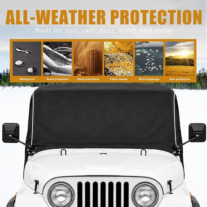 600D Cab Cover Windproof Sunshade Cover Compatible with Jeep Wrangler CJ5 1976-1986 2 Door, 6-Layer Protection Frost Wiper & Mirror Covers Protect from Sunshine, UV, Snow, Rain
