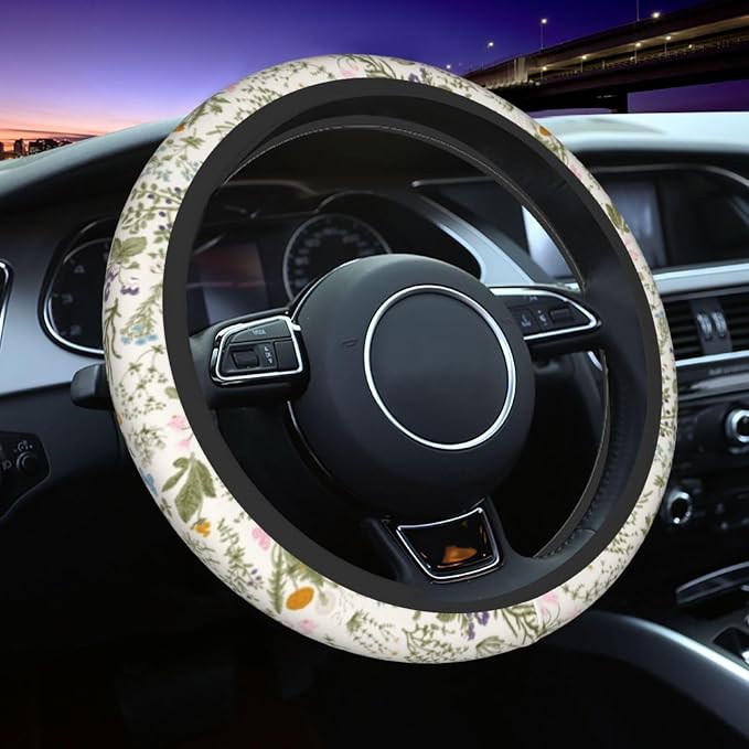 Flowers Colorful Floral Spring Steering Wheel Cover Car Accessories Cute for Women Girls Girly Universal 15 Inch Neoprene Auto Interior Decor Anti Slip Car Truck Protector