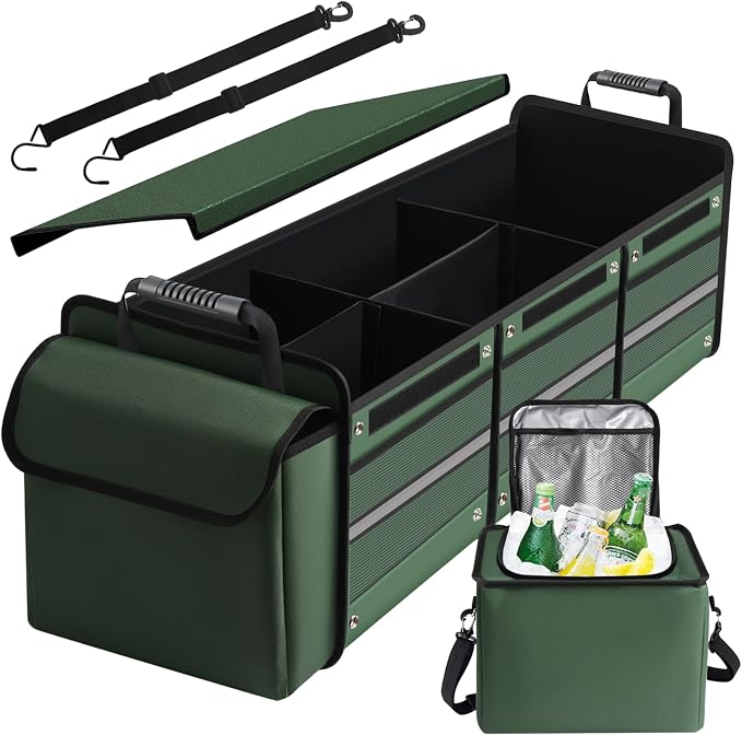 Snuopfy,115L Heavy Duty Collapsible Trunk Storage, with Insulated Leakproof Cooler Bag Vehicle Cargo Organizer with Lid, 3 Compartments, Straps For Car,Suv,Jeep,Sedan-Green