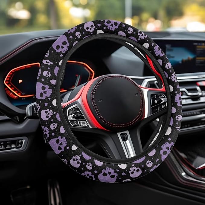 Car Steering Wheel Cover for Women Men, Soft Neoprene Stretch Anti-Slip 15 Inch Steering Wheel Protector Universal Halloween Auto Decor, Purple Skull Print