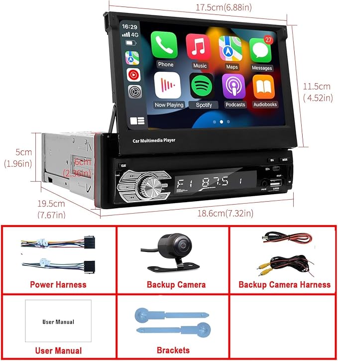 Single-Din-Touchscreen-Radio,Carplay&Android Auto,Car Stereo Backup Camera | Bluetooth/FM/RDS Radio/Type-C/USB/SD/MP4/MP5 Player