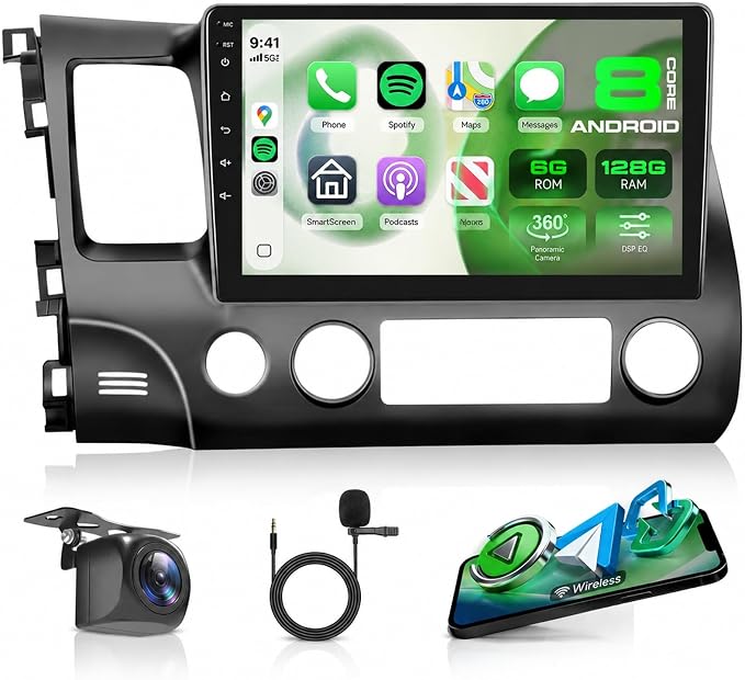 8 Core 6GB+128GB Android 15 Car Stereo for Honda Civic 2006-2011, 10.1" Touchscreen Radio with Wireless CarPlay Android Auto, GPS 5G WiFi Bluetooth DSP SWC Backup Camera