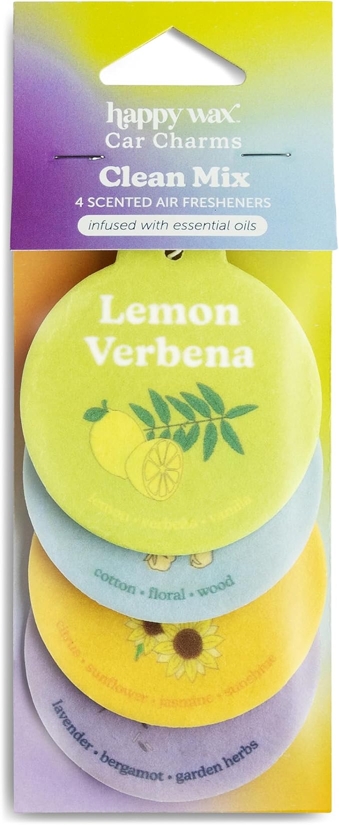 Clean Mix Car Charms 4-Pack Included Scents: Lemon Verbena, Fresh Cotton, Happy Days, Calming Lavender