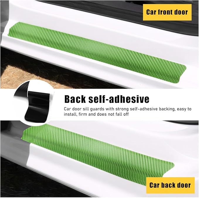 4 PCS Car Door Sill Protectors, Anti Scratch Carbon Fiber Auto Threshold Cover Strips, Decorative Door Entry Edge Scuff Sticker Universal for Most Vehicles, Car Accessories (Green 3D)