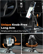 15W Qi Wireless Car Charger Solid Cup Holder Mount, Adjustable Long Arm & 360° Rotation, Fits 3"–4" Round Cup Holders, Works with Cases ≤ 4 mm (No Metal Attachments)