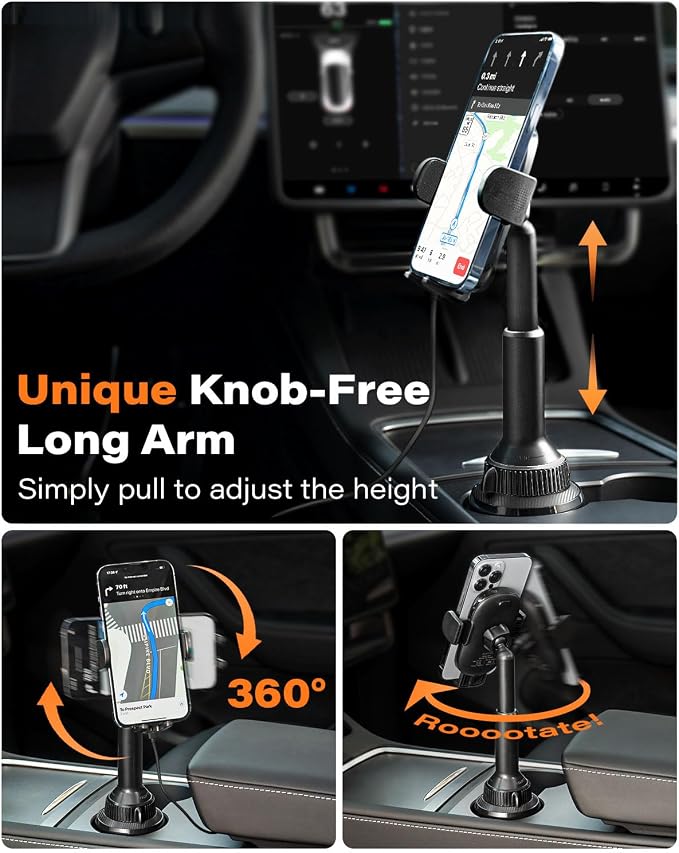15W Qi Wireless Car Charger Solid Cup Holder Mount, Adjustable Long Arm & 360° Rotation, Fits 3"–4" Round Cup Holders, Works with Cases ≤ 4 mm (No Metal Attachments)
