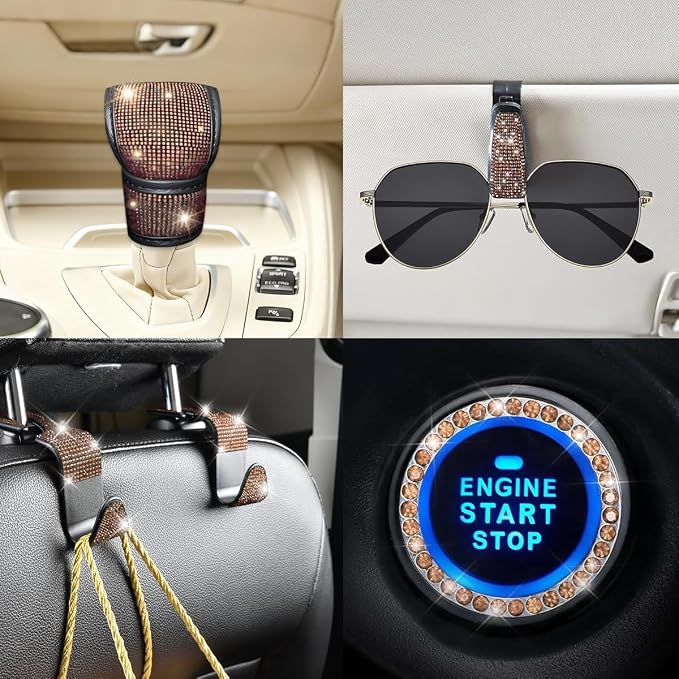 11PCS/Set Bling Car Accessories Set for Women, Rhinestone Vehicle Steering Wheel Cover Seat Belt Cushion Gear Shift Protector Cup Holder Coaster, Universal Automotive Accessories (Champange)