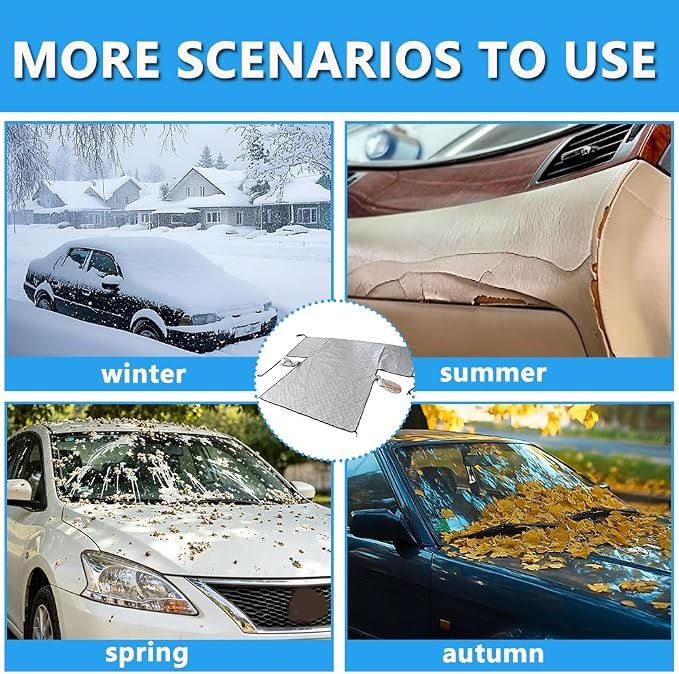 Car Windshield Snow Sun Cover ， 112x87Inches | Extra large thickened reflective strips, all season indoor outdoor, protects windshield wipers door handles side mirrors