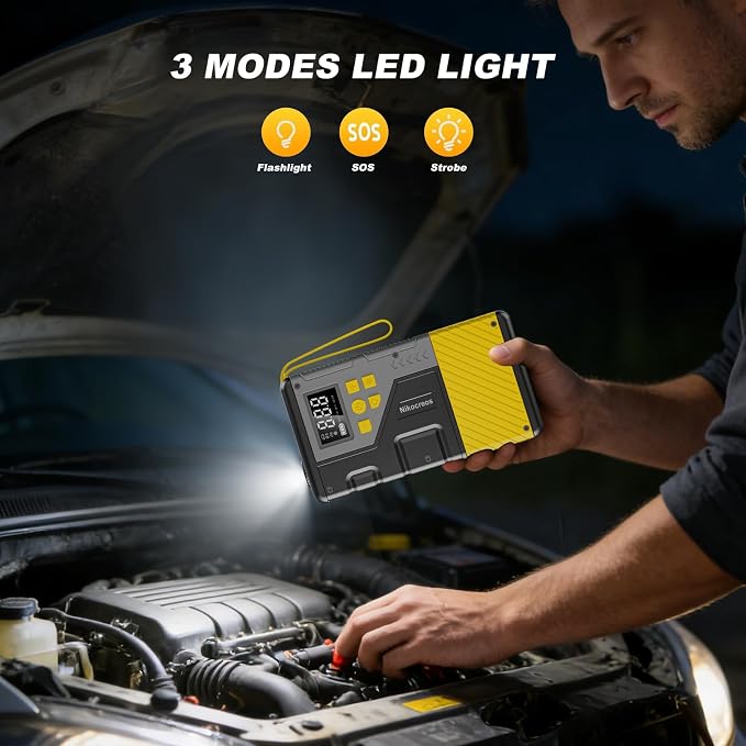 Portable Car Jump Starter with Air Compressor Tire Inflator Battery Jumper | Jump Box 3000A Peak and 150 PSI Air Pump,for 12L Gas & 10L Diesel Engines,LCD Display,LED Light