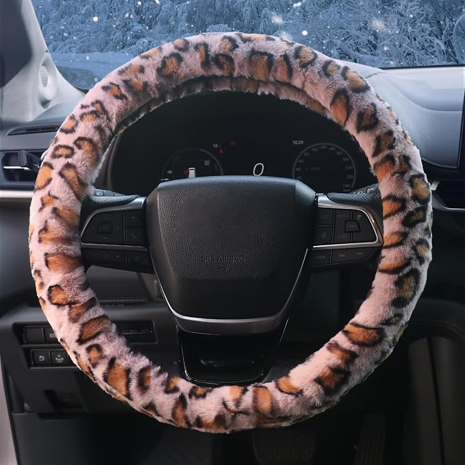 Pink Fuzzy Cheetah Car Steering Wheel Cover for Women Girls,Leopard Warm Fluffy Vehicle Wheel Protector Car Accessories for Men Women,15 Inch,Fit for Cars, Auto, SUVs